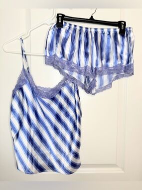 Secret Treasures Satin Pajama Set Blue Stripe Lace Trim Cami Shorts Small